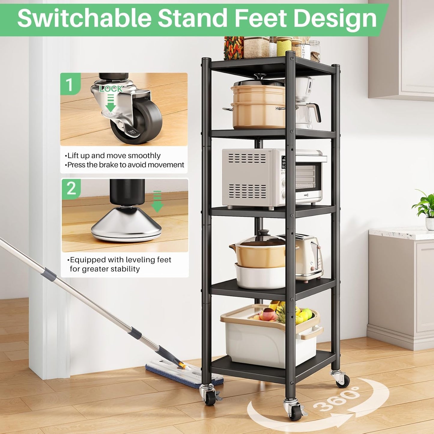 PXRACK 5-Tier Kitchen Storage Shelves, Adjustable Metal Shelves for Storage Pantry Shelves with Rolling Wheels, Storage Rack Shelving Unit Organizer for Bedroom Laundry Closet