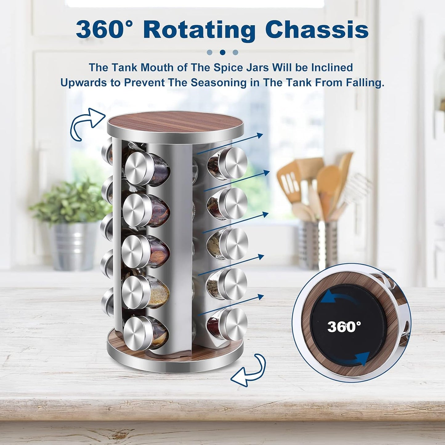 WAYDA Rotating Spice Rack Organizer, 20 Jars Revolving Seasoning Organizer for Cabinet, Stainless Steel Spice Tower for Kitchen Countertop with Reuseable Labels and Funnel