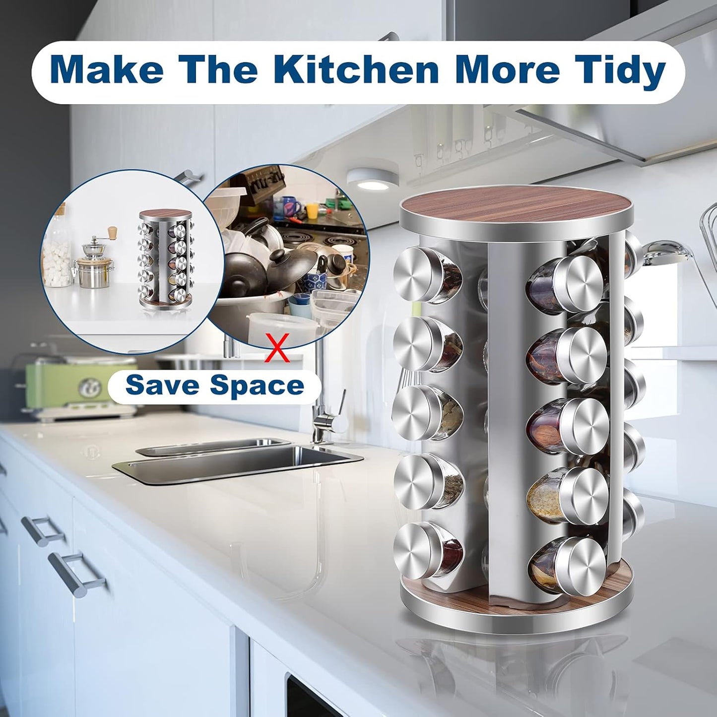 WAYDA Rotating Spice Rack Organizer, 20 Jars Revolving Seasoning Organizer for Cabinet, Stainless Steel Spice Tower for Kitchen Countertop with Reuseable Labels and Funnel