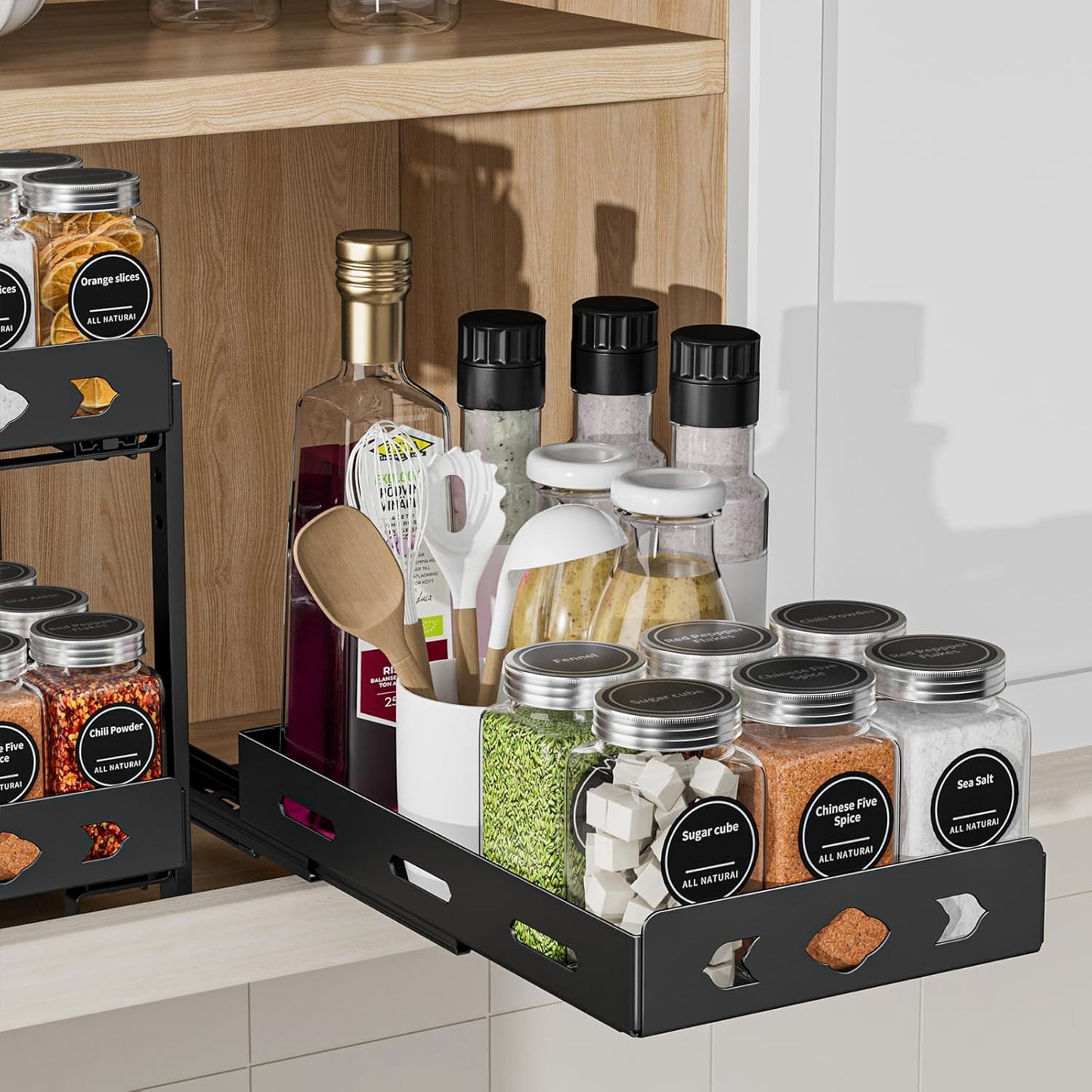 Spice Organization for Cabinet, 2-Tier Cabinet Spice Rack, Height Adjustable Vertical Spice Rack Pull Out for Kitchen, Cabinet, Pantry (14.1''Wx10.8''Dx9.2''H, Metal Black)