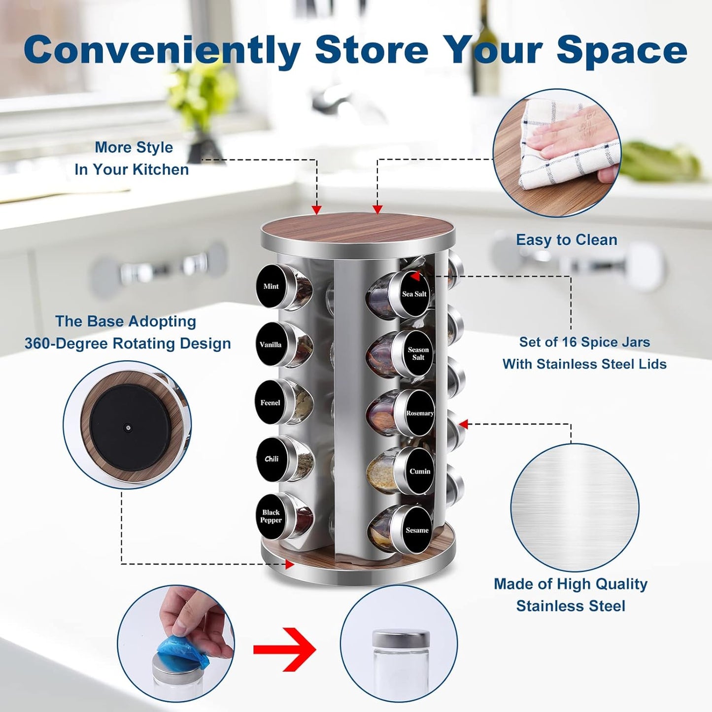 WAYDA Rotating Spice Rack Organizer, 20 Jars Revolving Seasoning Organizer for Cabinet, Stainless Steel Spice Tower for Kitchen Countertop with Reuseable Labels and Funnel