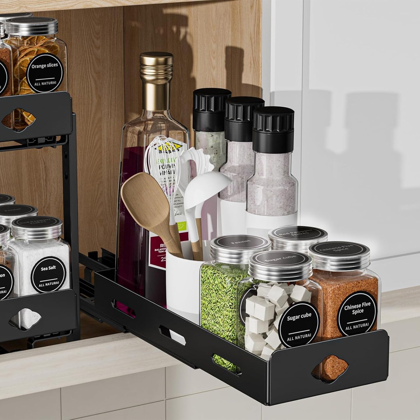Spice Organization for Cabinet, 2-Tier Cabinet Spice Rack, Height Adjustable Vertical Spice Rack Pull Out for Kitchen, Cabinet, Pantry (14.1''Wx10.8''Dx9.2''H, Metal Black)