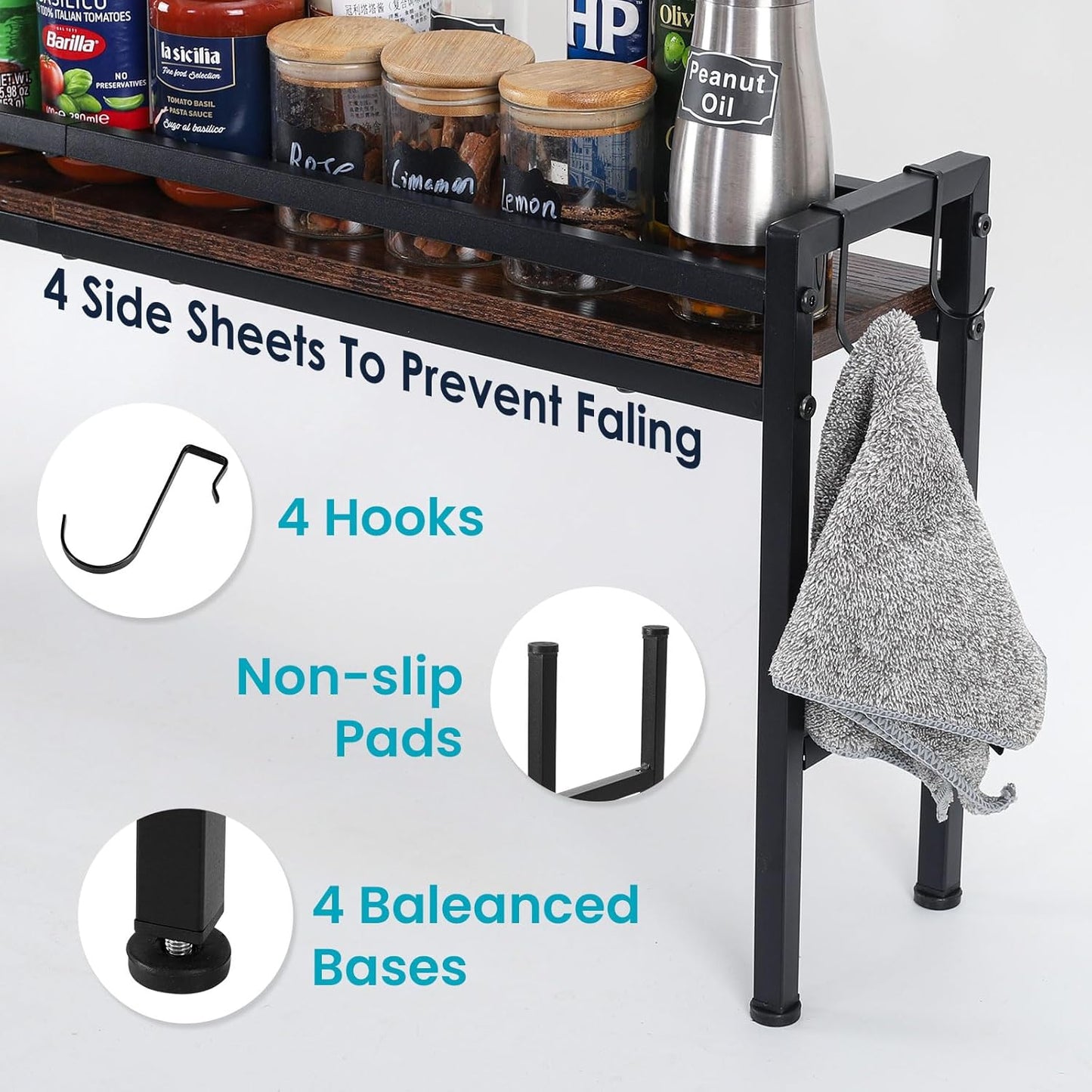 Spice Rack Shelf for Kitchen Stove，Stove Top Shelf with 4 hooks Extra Storage Countertop, Seasoning Organizer,Kitchen Organizers and Storage