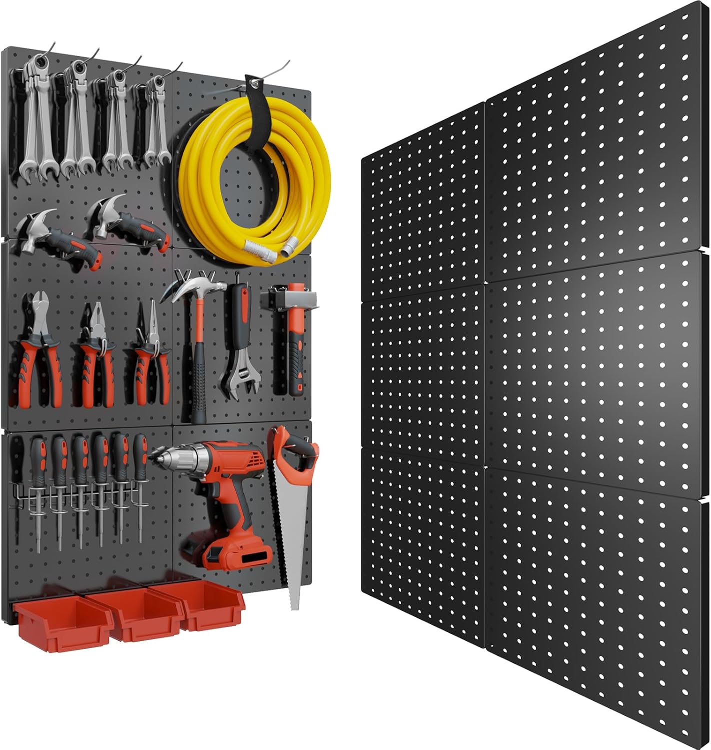 FZK Peg Board, 4 Pack Metal Pegboard Kit,Black Pegboard Wall Organizer with 32 Pcs Hooks, Peg Board for Walls Home, Garage Tool Storage, Office Organization, Kitchen, Craft Room