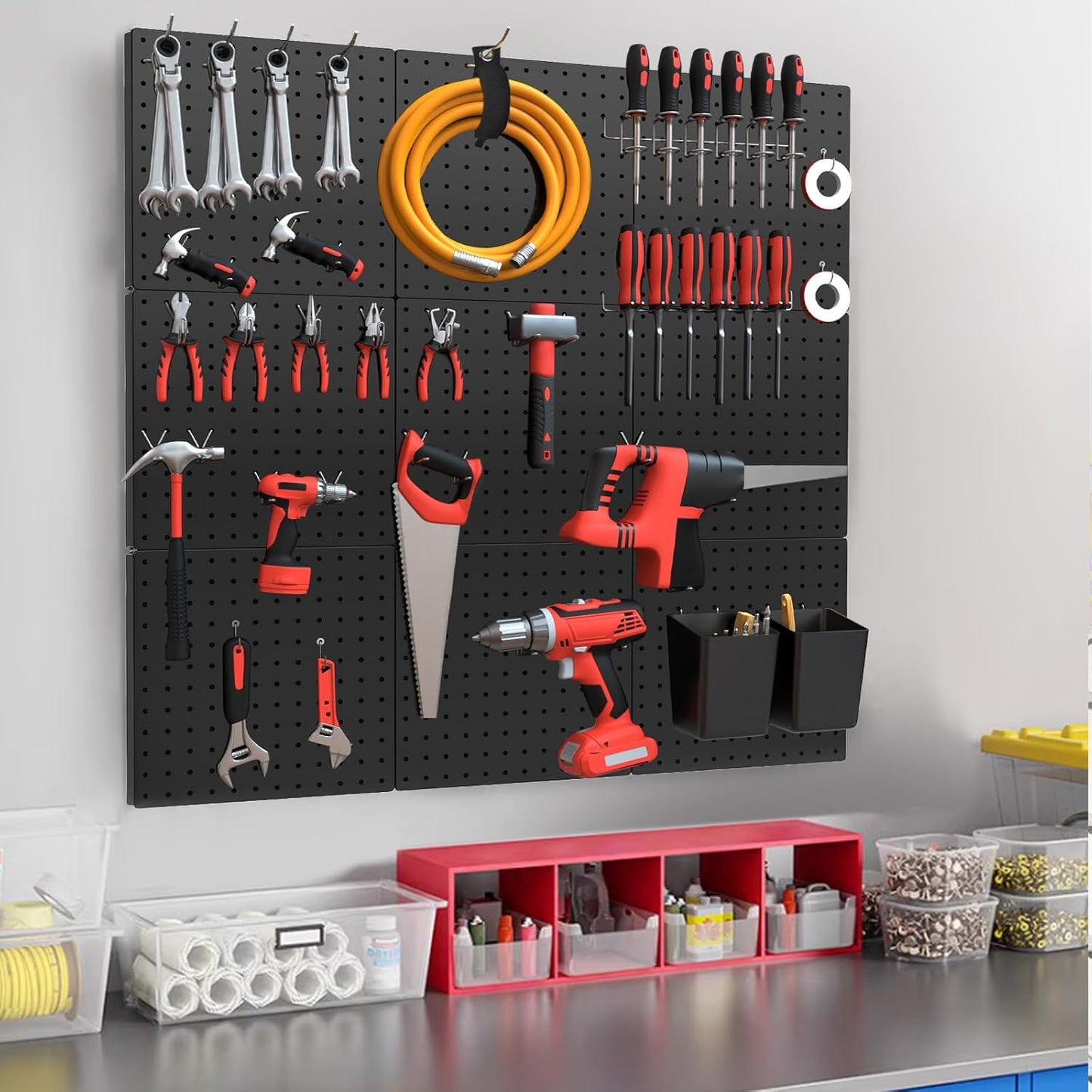 FZK Peg Board, 4 Pack Metal Pegboard Kit,Black Pegboard Wall Organizer with 32 Pcs Hooks, Peg Board for Walls Home, Garage Tool Storage, Office Organization, Kitchen, Craft Room