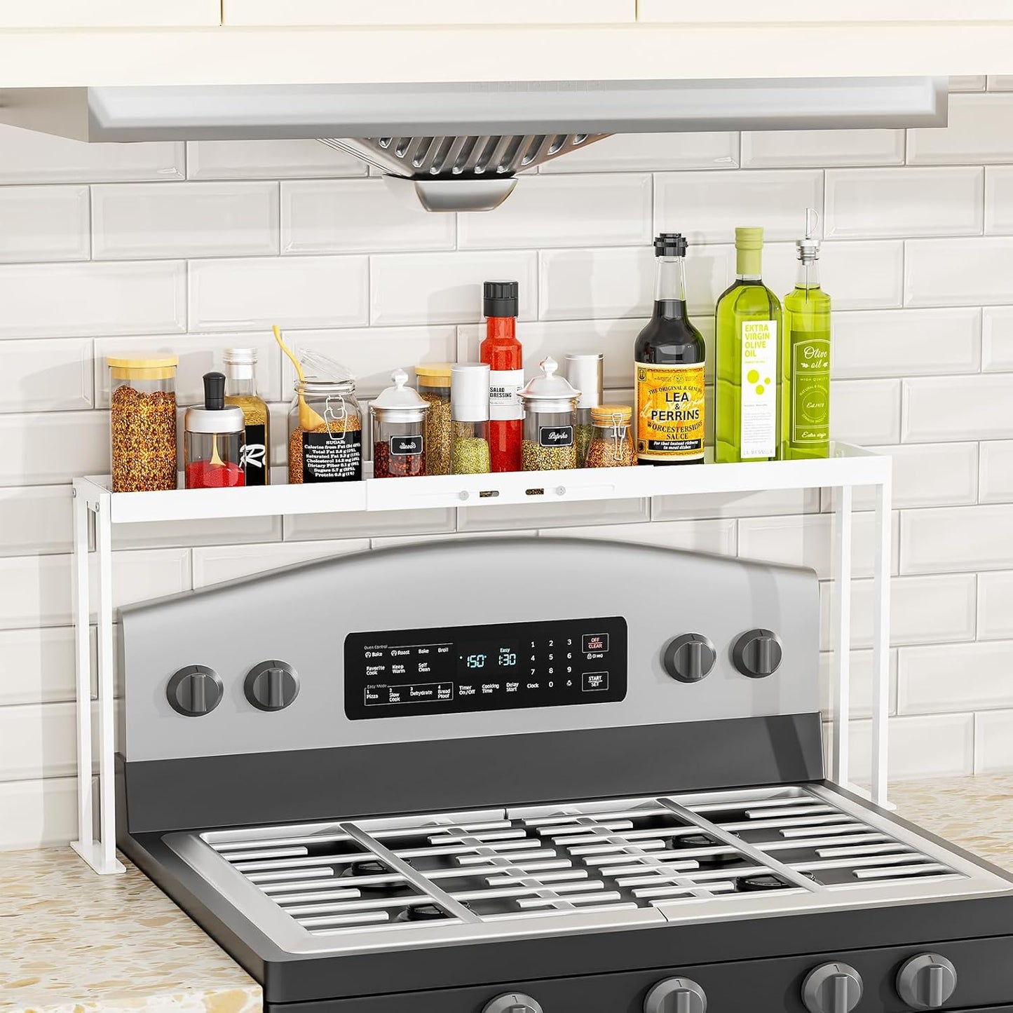 Spice Rack Shelf for Kitchen Stove, Adjustable 27 to 33 Inch Spice Rack Organizer, 4 Level Adjustable Height Stove Top Shelf for Kitchen, Over the Stove Shelf for Curved Stove, Black