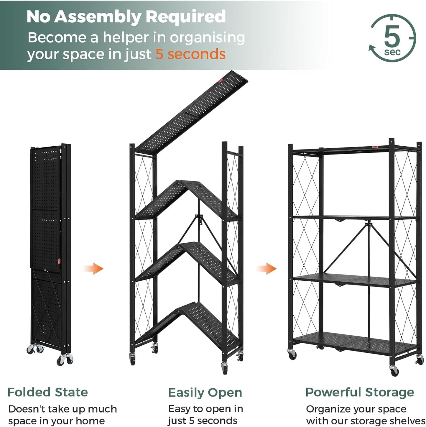 DEANIC 4 Tier Foldable Storage Shelves with Wheels, Large Capacity Shelving Unit, Freestanding Metal Wire Shelf Rack, No Assembly Organizer Rack for Garage Kitchen, Basement, Pantry(Black)