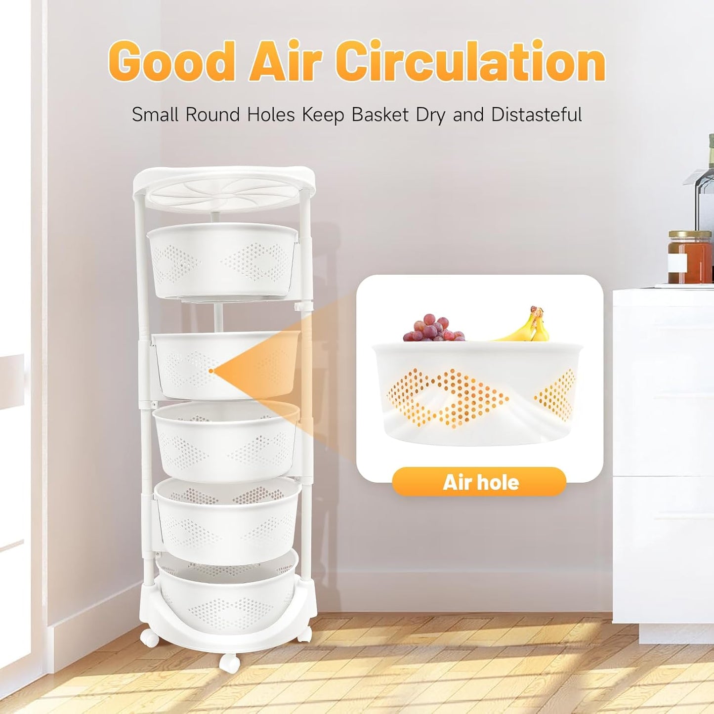 5 Tier Multi-Layer Kitchen Storage Rack, Rotating Storage Shelves Organizer,Floor Standing Storage Rack Basket Shelf Kitchen Storage Cart with Wheels Storage Basket for Living Rooms, Kitchens (White)