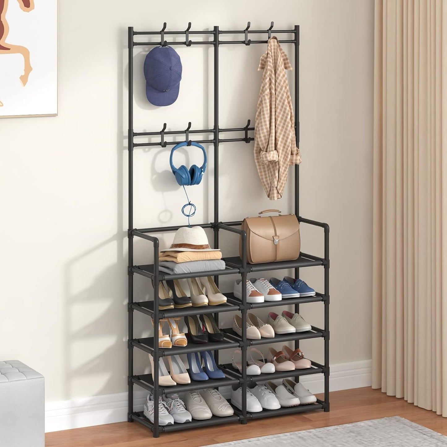 Laiensia 5-Tier Entryway Coat Rack, Coat and Shoe Rack, Entryway Bench Storage Organizer with 8 Hooks for Bedroom, Hallway, Office, Black