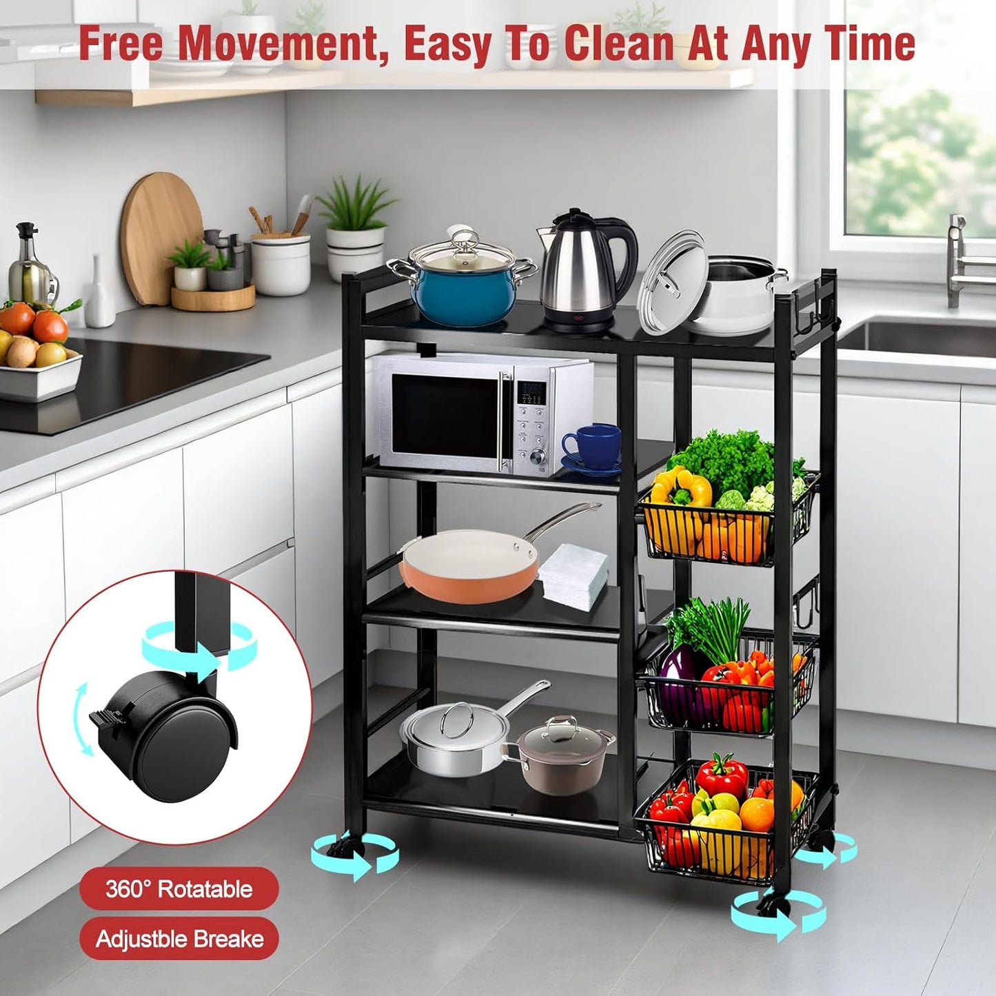ALSO GO 4 Tiers Freestanding Kitchen Storage Rack, Multi-Functional Multi-Layer Mobile Storage Shelf with 3 Baskets, Suitable for Kitchen, Bedroom, Living Room, and Balcony, Black