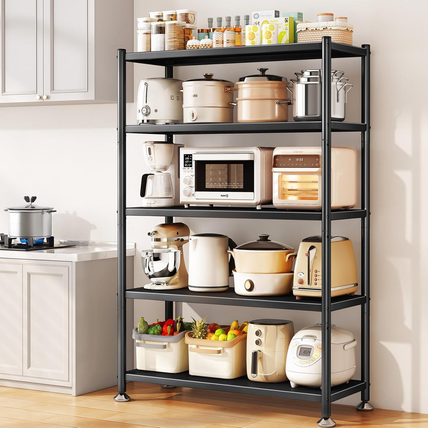 PXRACK 5-Tier Kitchen Storage Shelves, Adjustable Metal Shelves for Storage Pantry Shelves with Rolling Wheels, Storage Rack Shelving Unit Organizer for Bedroom Laundry Closet