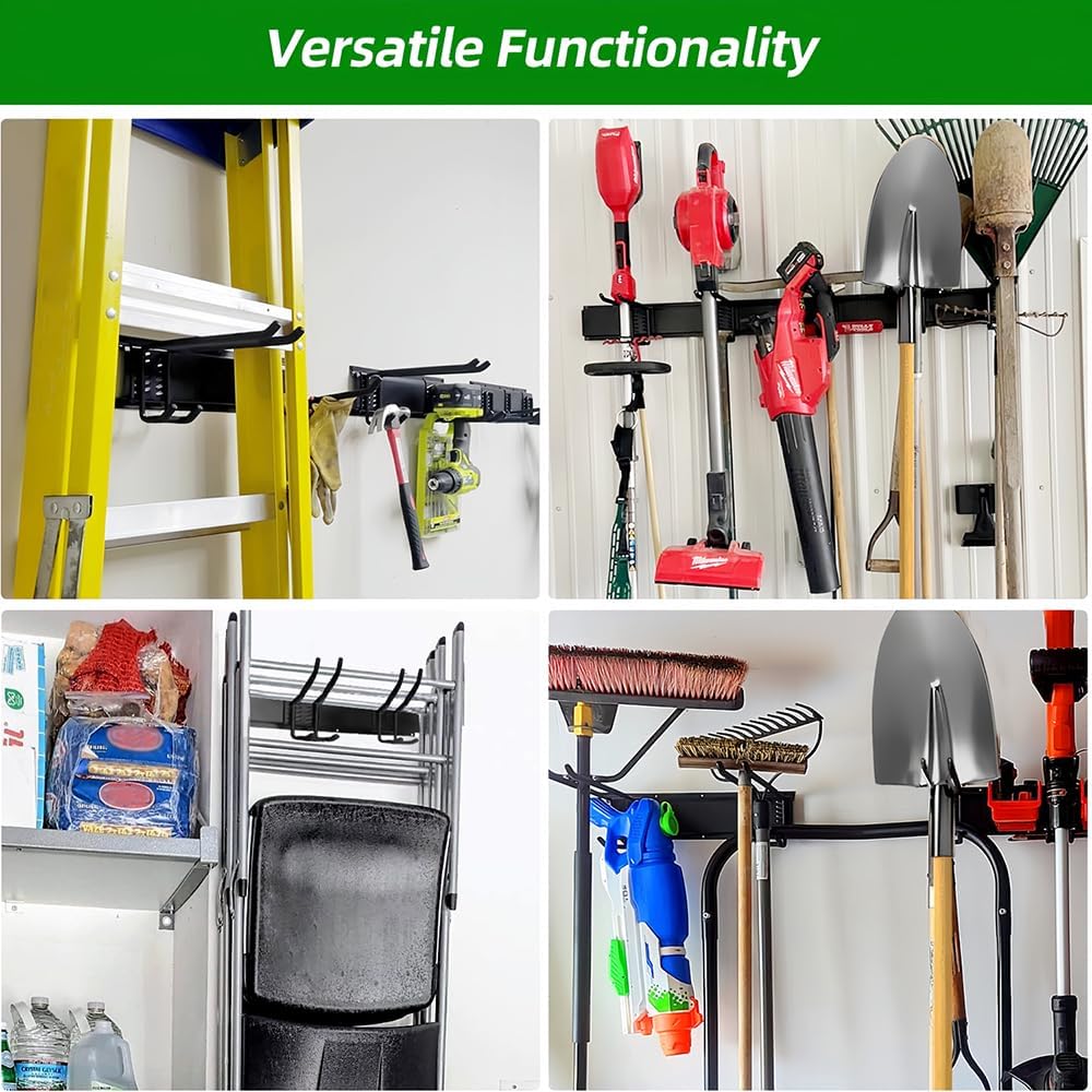 Garage Organization Wall Mount with 48 inches Rails and 6 Double-layer Hooks, Heavy Duty Garden Tool Rack, Hanging Storage Rack For Yard Tools, Shed