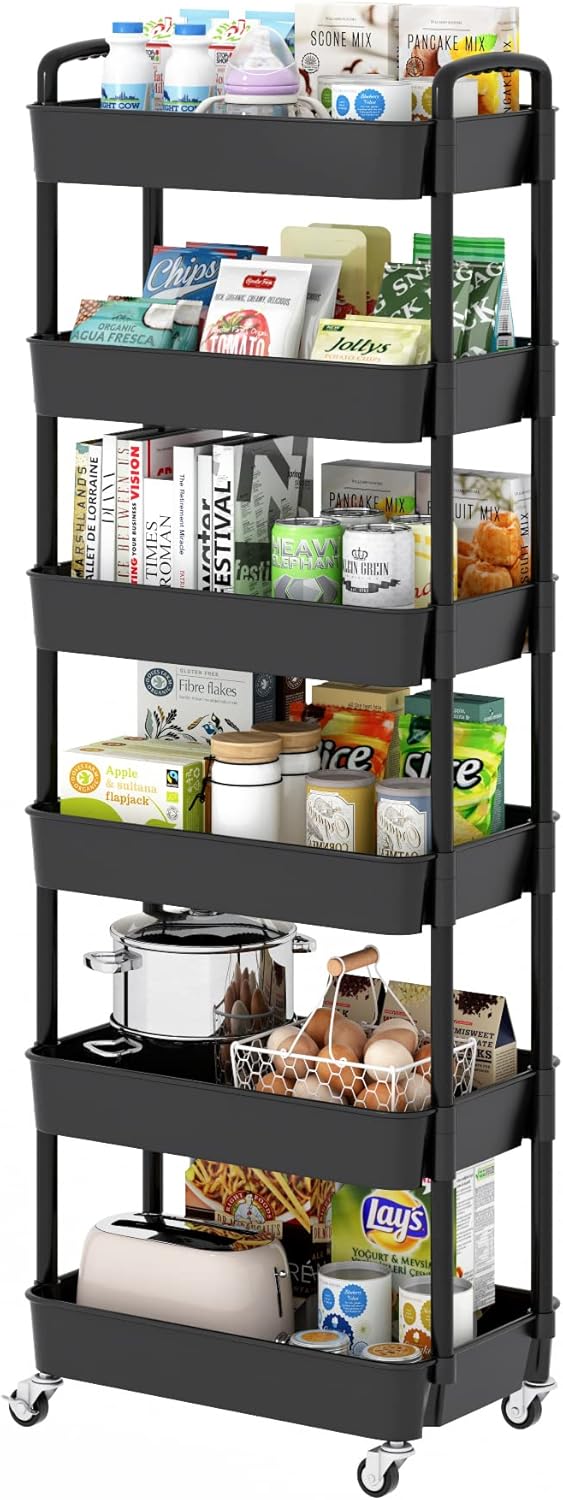 Sywhitta 4-Tier Plastic Rolling Utility Cart with Handle, Multi-Functional Storage Trolley for Office, Living Room, Kitchen, Movable Storage Organizer with Wheels, Black