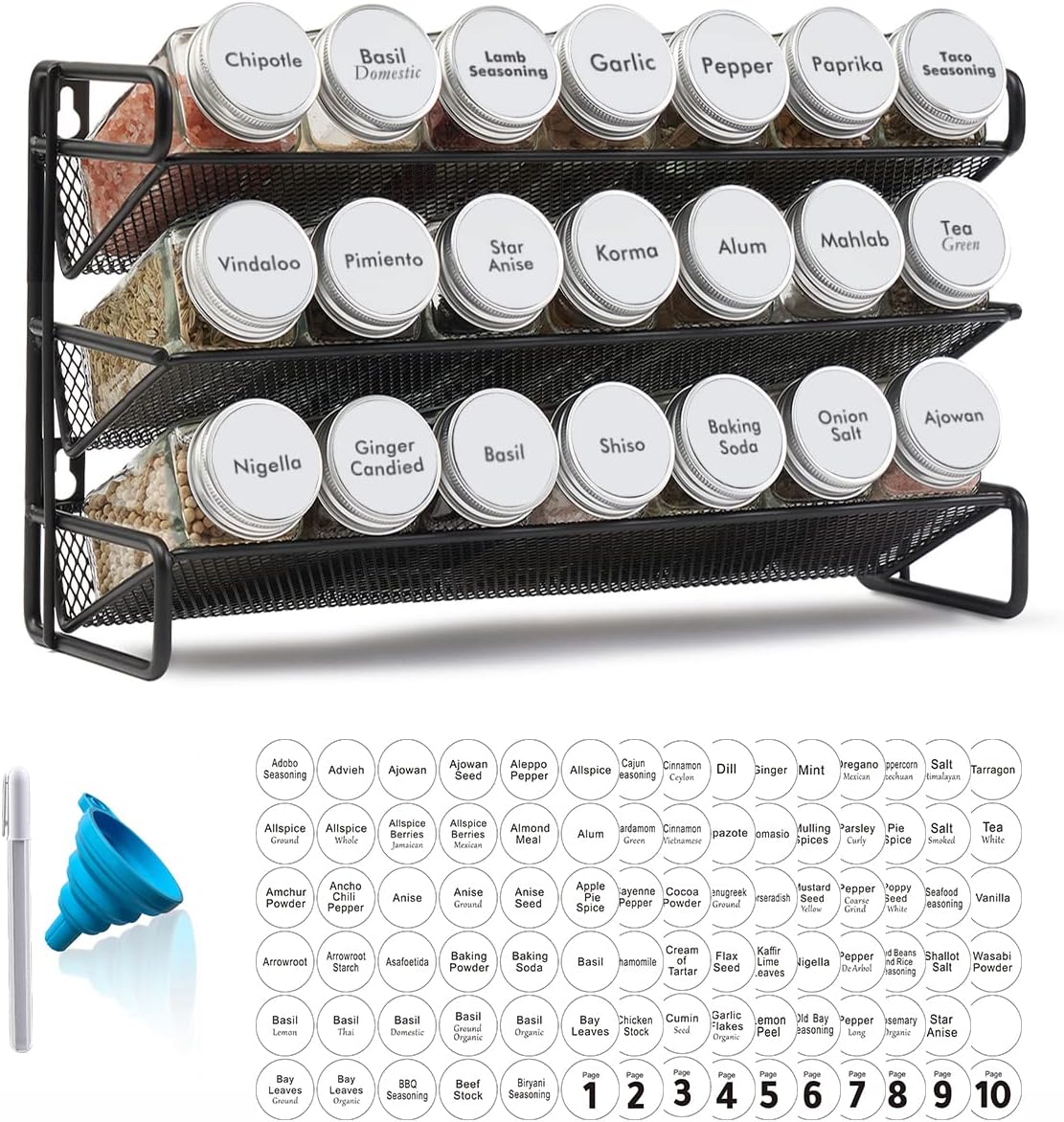 SpaceAid Spice Rack Organizer with 28 Spice Jars, 386 Spice Labels, Chalk Marker and Funnel Set for Cabinet, Countertop, Pantry, Cupboard or Door & Wall Mount - 28 Jars, 13.4" W × 10.8" H, Black