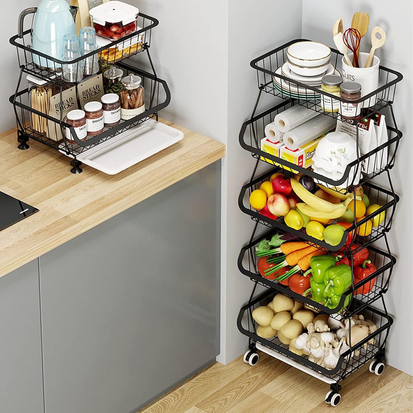 Metal Wire Baskets with Wheels, Stackable Storage Bins Kitchen Organizer Shelf, Multi Layer Fruit Vegetable Cart Dishes Seasonal Rack Freestanding with Pull Out Slide Drawer