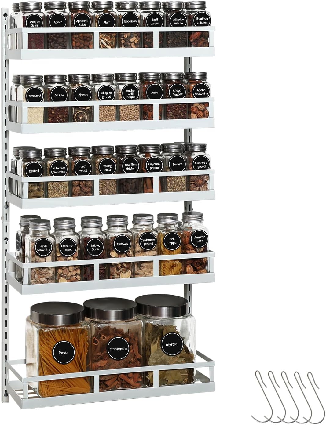 X-cosrack Wall Mount Spice Rack Organizer 5 Tier Height-Adjustable Hanging Spice Shelf Storage for Kitchen Pantry Cabinet, Dual-Use Seasoning Holder Rack with Hooks, Black-Patented
