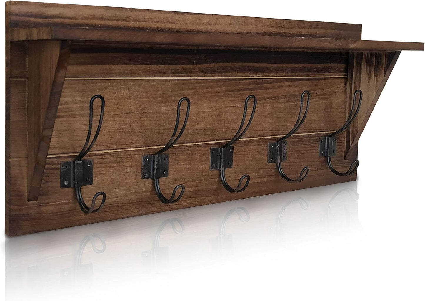 HBCY Creations 24" Wall Mounted Storage Rack - Pine Wood Construction - Black Wash - Upper Storage Shelf - 5 Hooks - Ideal for Entryway, Kitchen, Bathroom