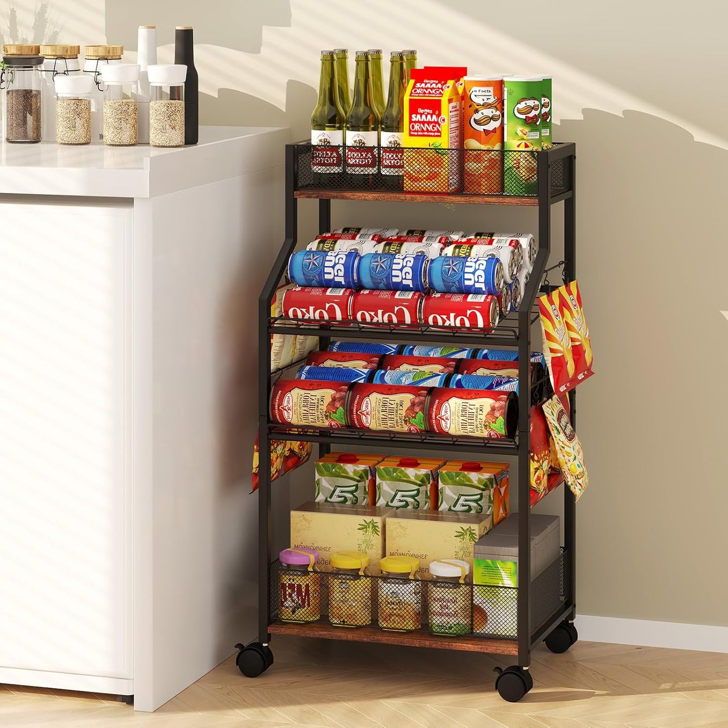Can Organizer for Pantry - Rolling Snack Cart, Multi-Layer Soda Can Organizer for Pantry, Mobile Beverage Storage Rack with Wheels, Versatile Metal Shelf for Kitchen and Office, Black Brown