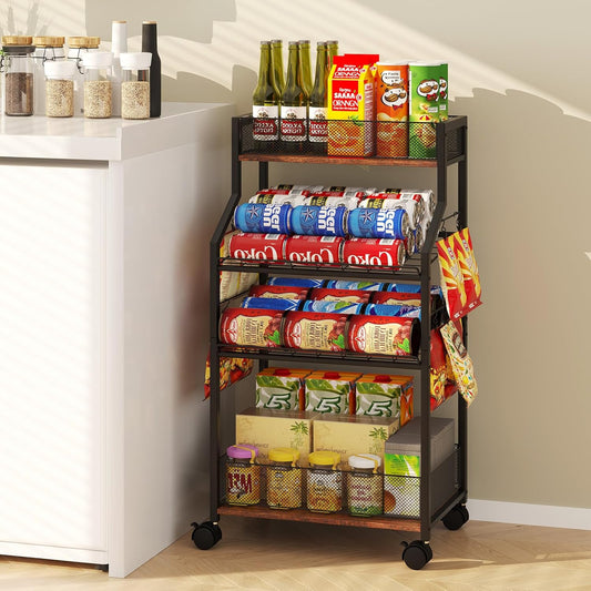 Can Organizer for Pantry - Rolling Snack Cart, Multi-Layer Soda Can Organizer for Pantry, Mobile Beverage Storage Rack with Wheels, Versatile Metal Shelf for Kitchen and Office, Black Brown