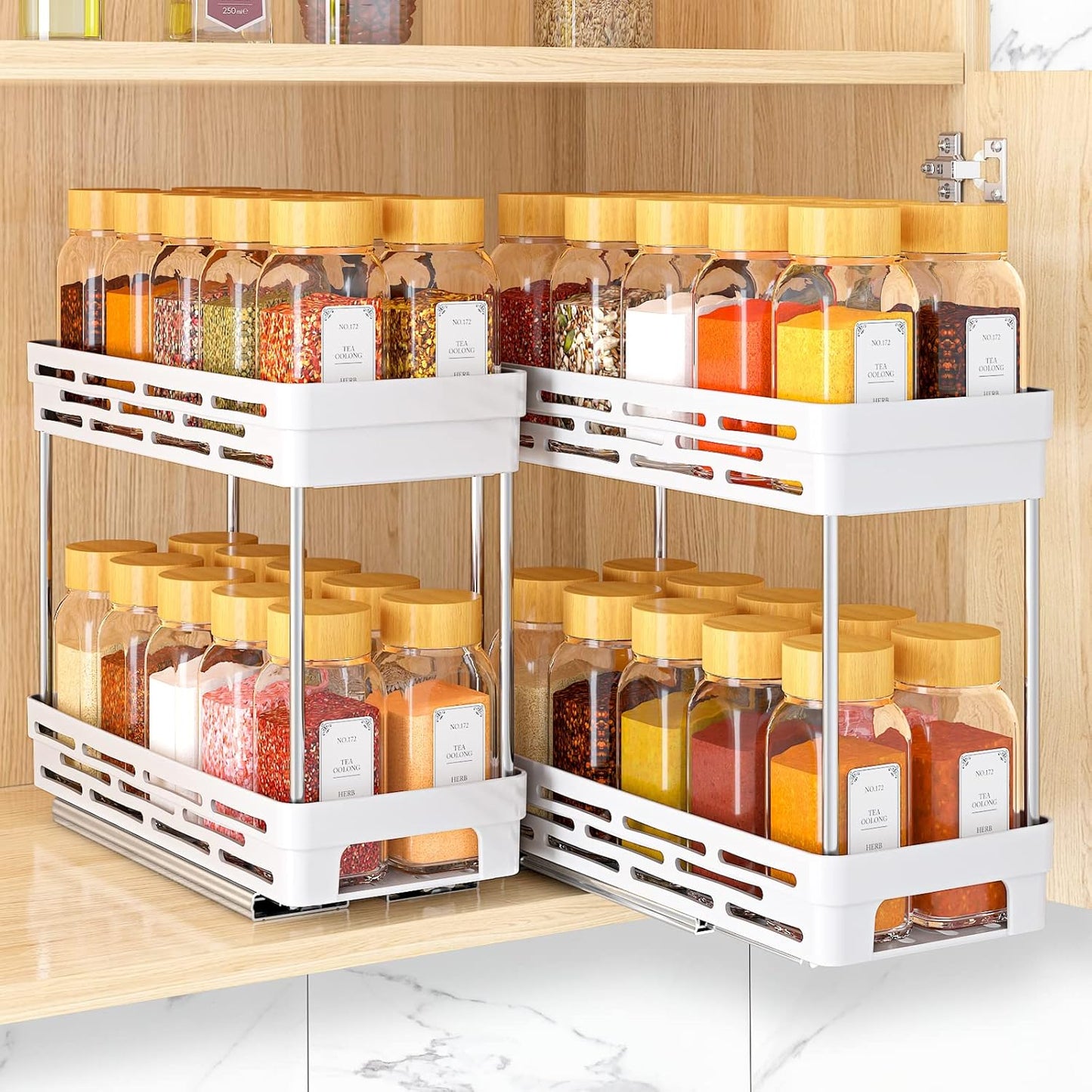 2 Pack Pull Out Spice Rack Organizer for Cabinet, Slide Out Spice Racks Organizer, Spice Cabinet Organizers, Cabinet Size Need:12'' Highx11'' Deepx5'' Wide,Hold 10 Spice Jar Each Tier-2Tier, Black