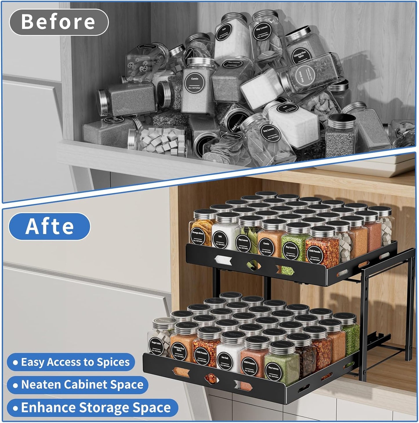 Spice Organization for Cabinet, 2-Tier Cabinet Spice Rack, Height Adjustable Vertical Spice Rack Pull Out for Kitchen, Cabinet, Pantry (14.1''Wx10.8''Dx9.2''H, Metal Black)