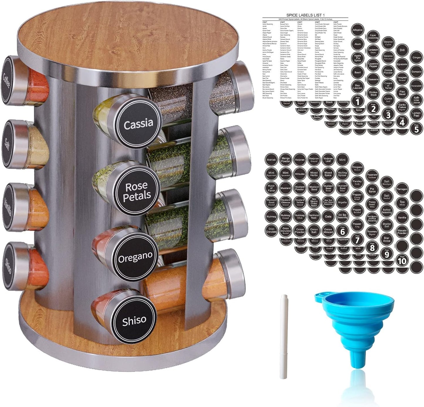 Revolving Spice Rack Set with 20 Spice Jars, Kitchen Spice Tower Organizer for Countertop or Cabinet -- Carousel Storage Includes 386 Spice Labels -- Desktop Rotating Seasoning Organizer