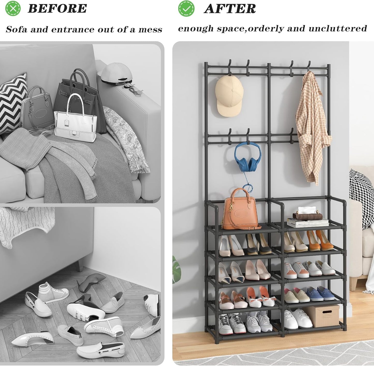 Laiensia 5-Tier Entryway Coat Rack, Coat and Shoe Rack, Entryway Bench Storage Organizer with 8 Hooks for Bedroom, Hallway, Office, Black