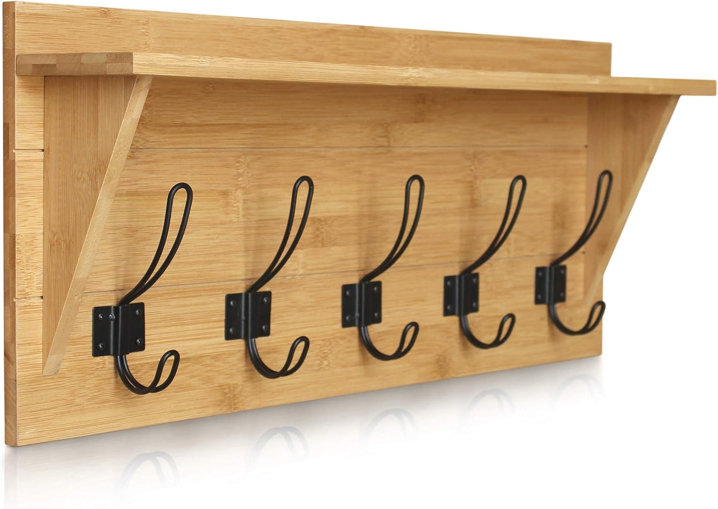 HBCY Creations 24" Wall Mounted Storage Rack - Pine Wood Construction - Black Wash - Upper Storage Shelf - 5 Hooks - Ideal for Entryway, Kitchen, Bathroom