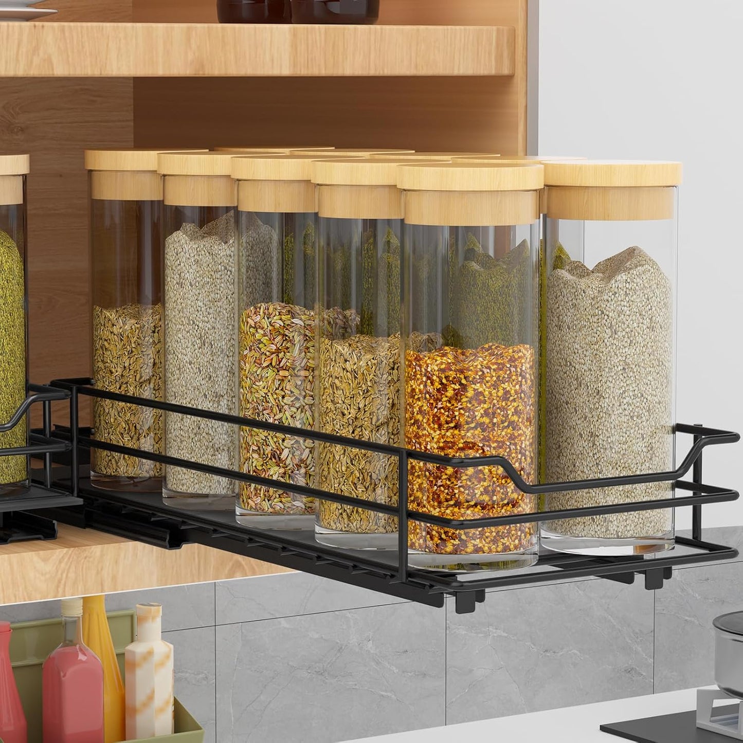 Spice Rack Organizer for Cabinet, 2 Tier Pull Out Spice Organizer for Cabinet Height Adjustable Heavy Duty Metal Basket for Inside Cabinets & Pantry Closet