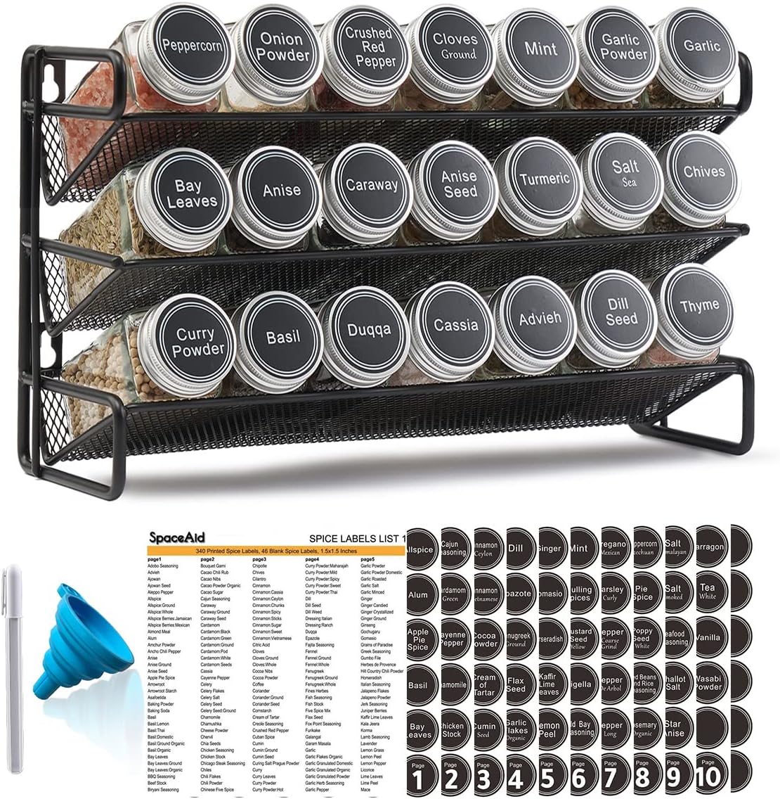 SpaceAid Spice Rack Organizer with 28 Spice Jars, 386 Spice Labels, Chalk Marker and Funnel Set for Cabinet, Countertop, Pantry, Cupboard or Door & Wall Mount - 28 Jars, 13.4" W × 10.8" H, Black