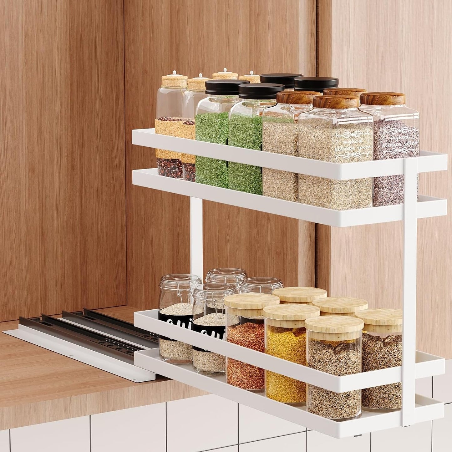 2 Pack Pull Out Spice Rack Organizer for Cabinet, 2 Tier Metal Slide Out Seasoning Organizer and Storage Heavy Duty Vertical Spice Rack Shelf Pullout for Kitchen Cabinets No Drilling (Black)