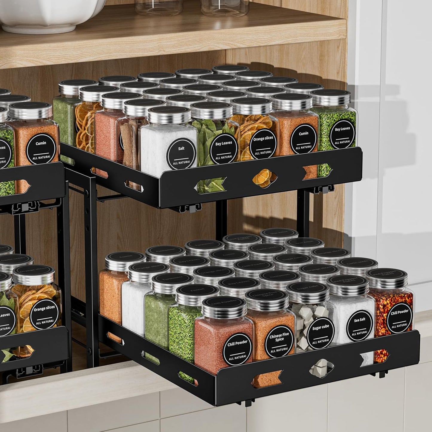 Spice Organization for Cabinet, 2-Tier Cabinet Spice Rack, Height Adjustable Vertical Spice Rack Pull Out for Kitchen, Cabinet, Pantry (14.1''Wx10.8''Dx9.2''H, Metal Black)