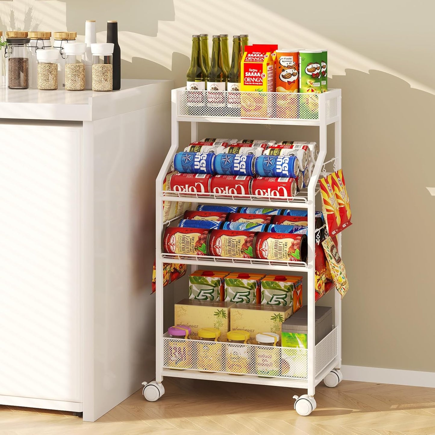 Can Organizer for Pantry - Rolling Snack Cart, Multi-Layer Soda Can Organizer for Pantry, Mobile Beverage Storage Rack with Wheels, Versatile Metal Shelf for Kitchen and Office, Black Brown