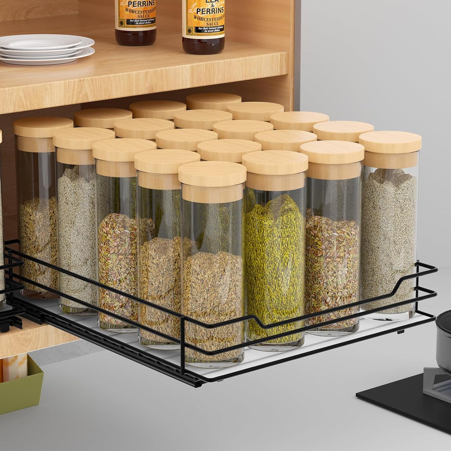 Spice Rack Organizer for Cabinet, 2 Tier Pull Out Spice Organizer for Cabinet Height Adjustable Heavy Duty Metal Basket for Inside Cabinets & Pantry Closet