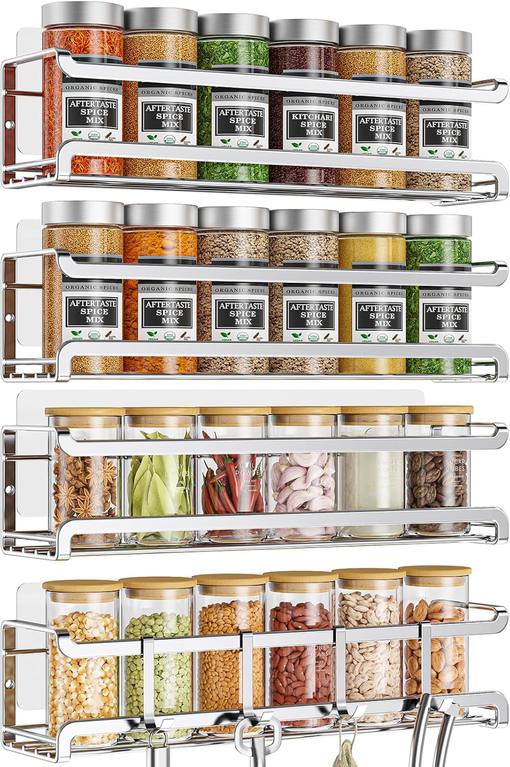 Spice Rack Wall Mounted 4 Pack,Space-Saving Spice Organizer for Spice Jars and Seasonings,Screw or Adhesive Hanging Spice Rack Organizer for Your Kitchen Cabinet,Pantry Door,11.41x2.75x2.75in