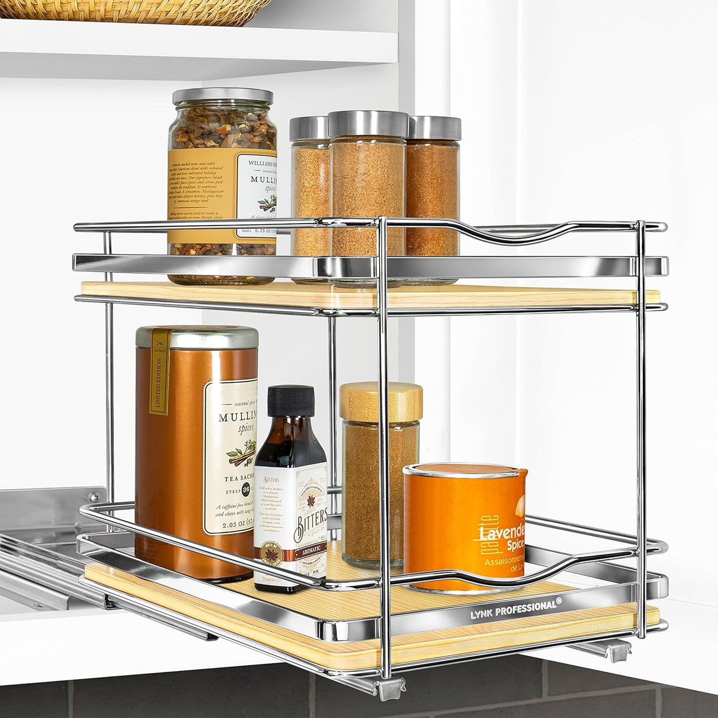 LYNK PROFESSIONAL® Pull Out Spice Rack Organizer for Inside Kitchen Cabinets - 4-1/4 inch Wide - Slide Out Drawer – Chrome Sliding Spice Cabinet Organization Shelf Racks - 2 Tier