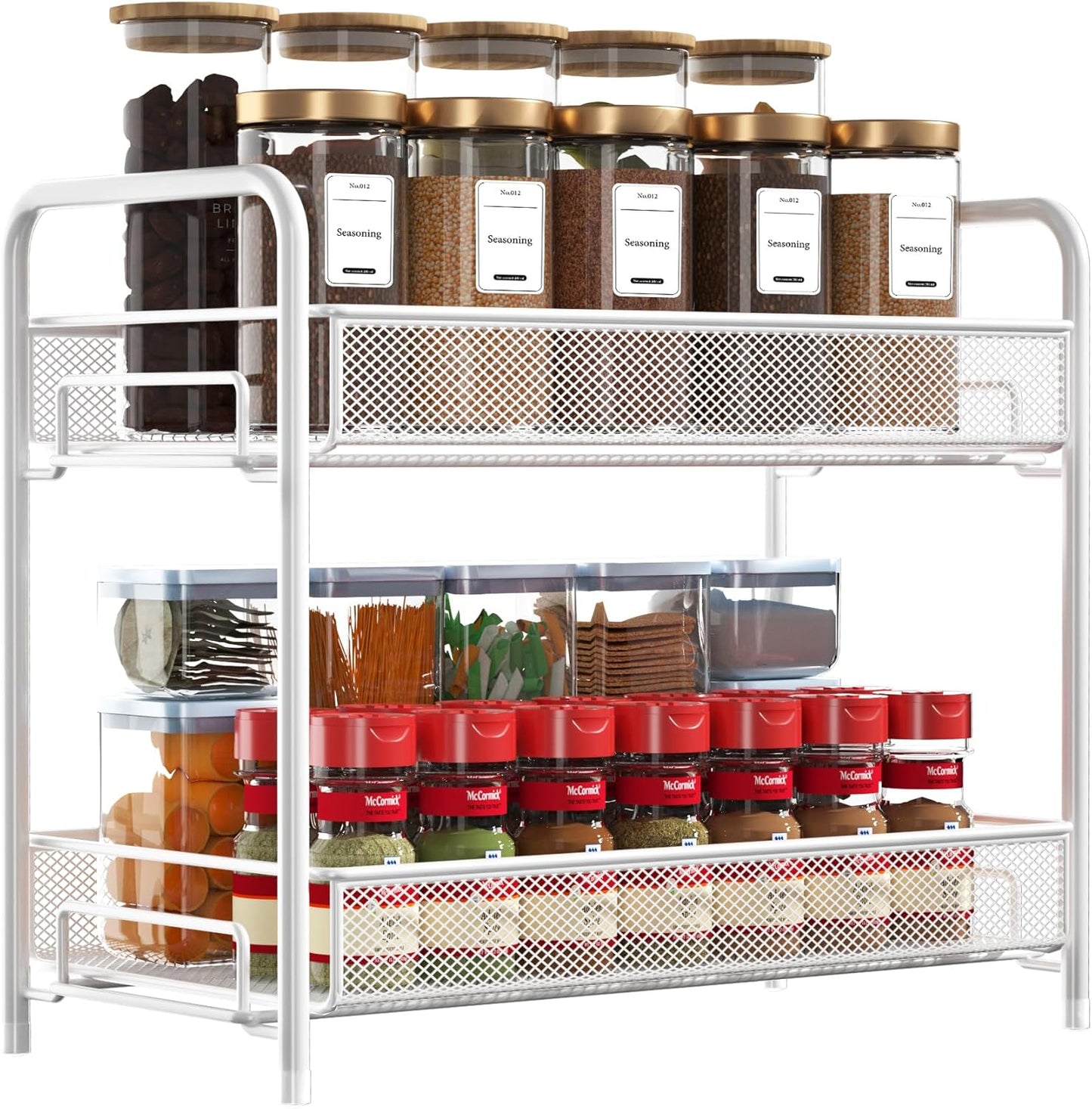 Spice Rack Organizer for Countertop,Xpatee 2-Tier Foldable Metal Rust-Proof Standing Large Seasoning Storage Shelf with Guardrail and Mesh Design for Kitchen Cabinet Bathroom Living Room Pantry, Black