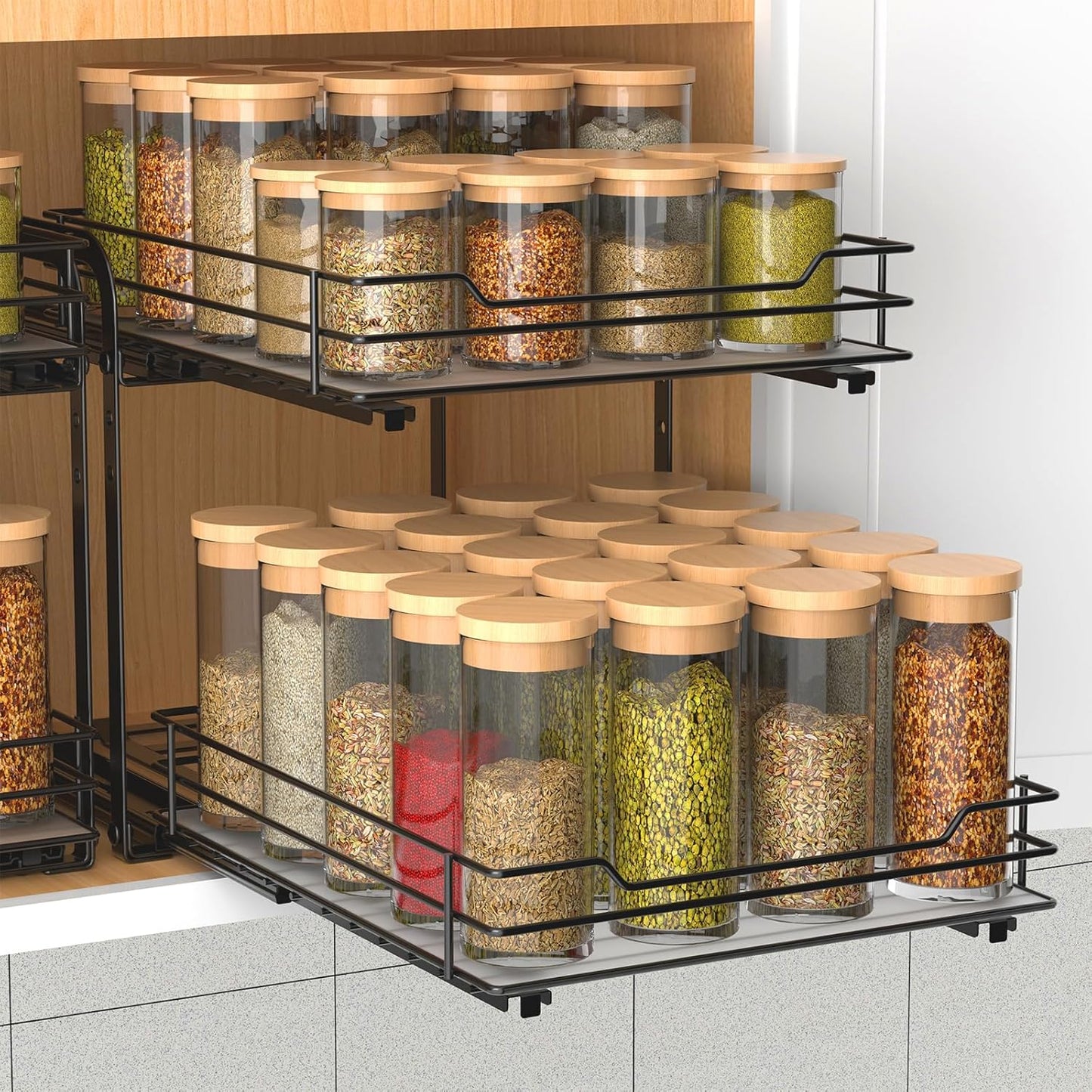 Spice Rack Organizer for Cabinet, 2 Tier Pull Out Spice Organizer for Cabinet Height Adjustable Heavy Duty Metal Basket for Inside Cabinets & Pantry Closet