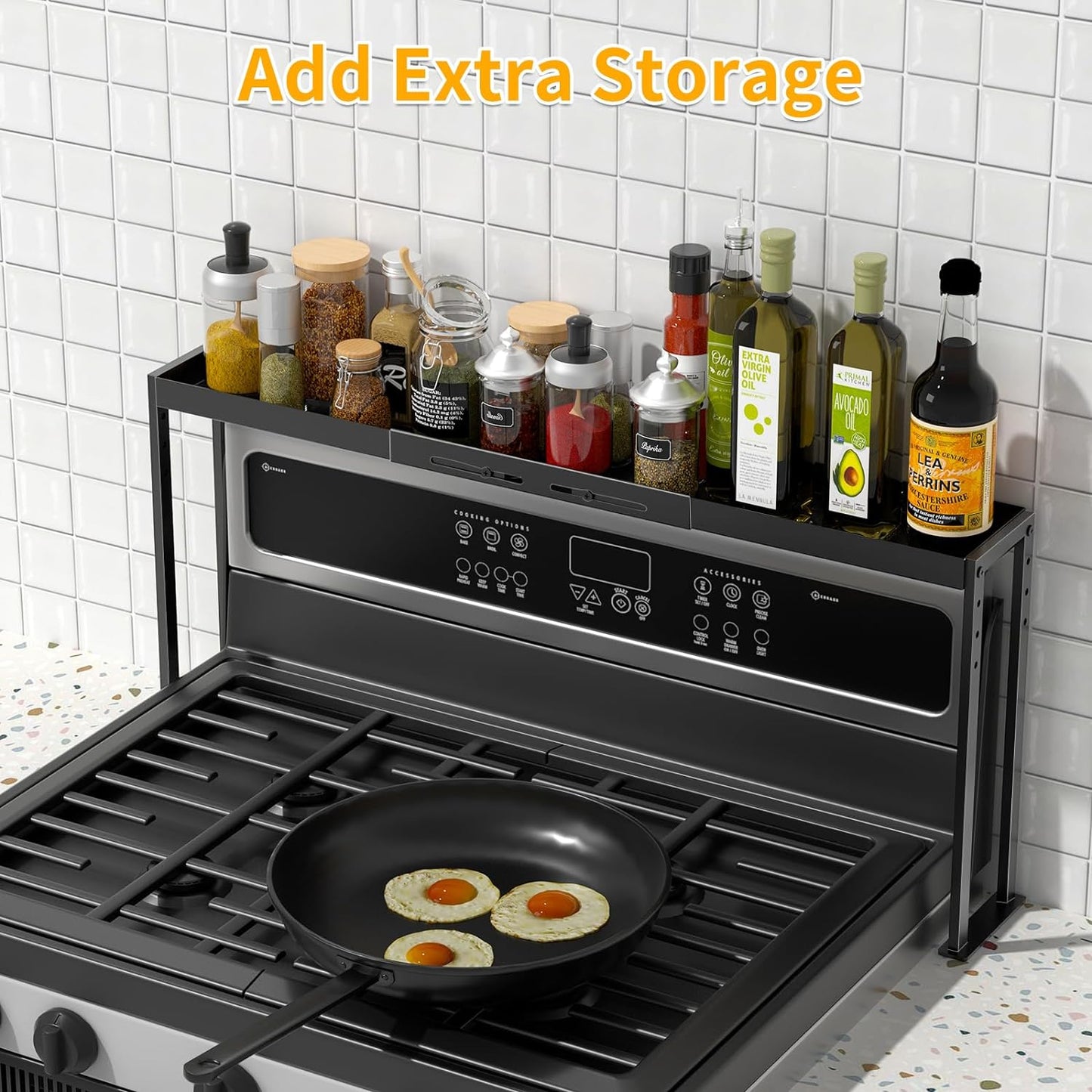 Spice Rack Shelf for Kitchen Stove, Adjustable 27 to 33 Inch Spice Rack Organizer, 4 Level Adjustable Height Stove Top Shelf for Kitchen, Over the Stove Shelf for Curved Stove, Black
