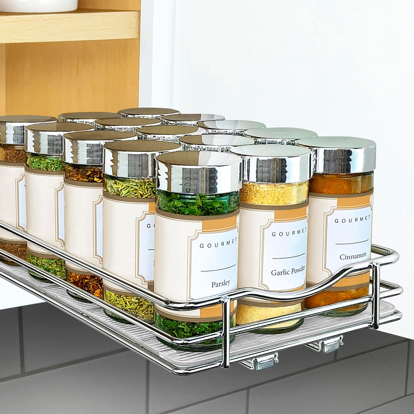 LYNK PROFESSIONAL® Pull Out Spice Rack Organizer for Inside Kitchen Cabinets - 4-1/4 inch Wide - Slide Out Drawer – Chrome Sliding Spice Cabinet Organization Shelf Racks - 2 Tier