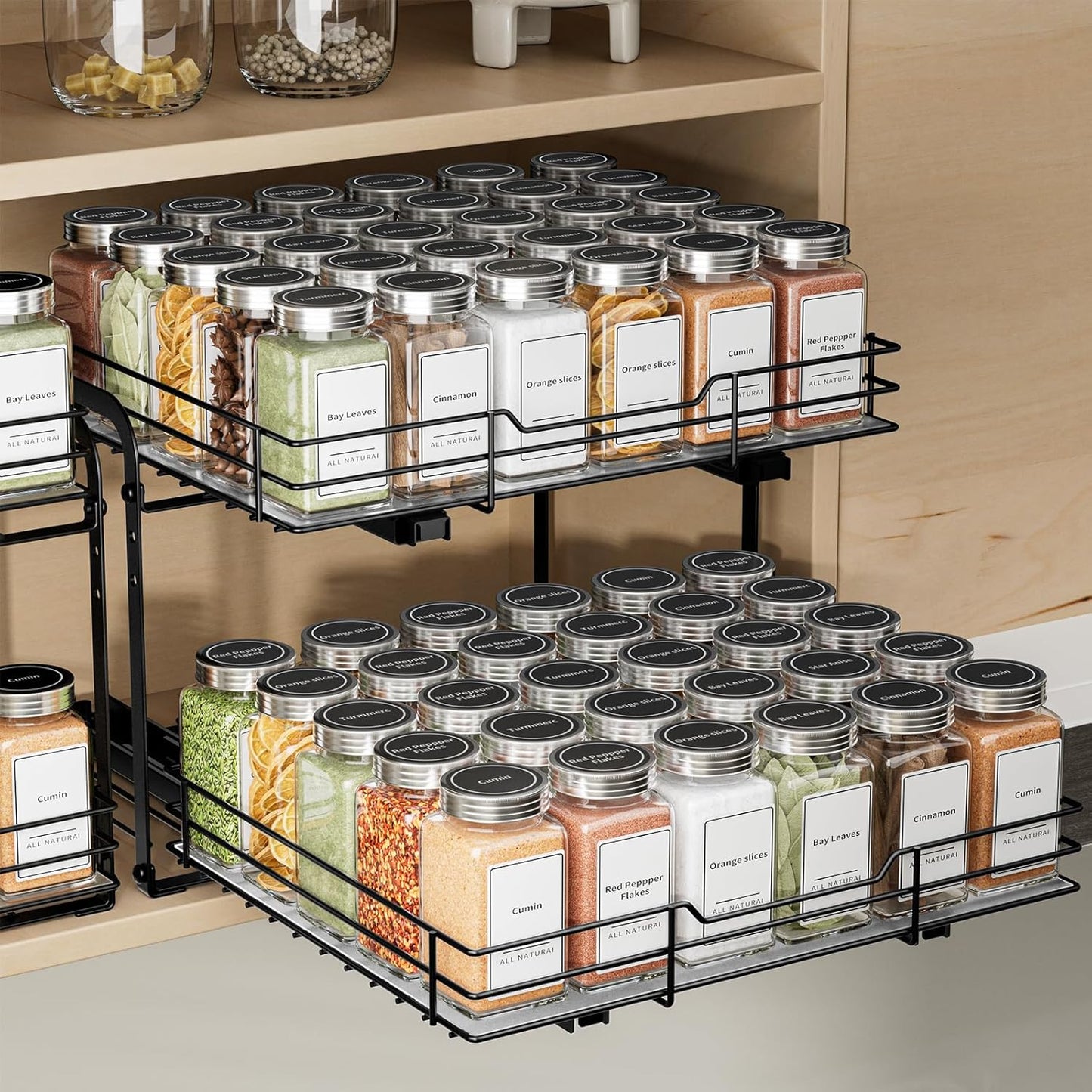 Spice Rack Organizer for Cabinet, 2 Tier Pull Out Spice Organizer for Cabinet Height Adjustable Heavy Duty Metal Basket for Inside Cabinets & Pantry Closet