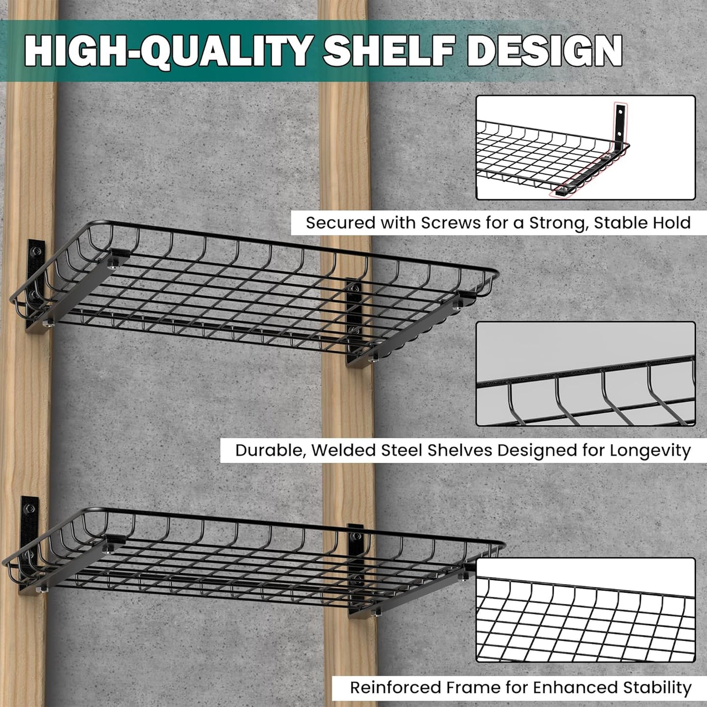 EVERHANGER Garage Wall Shelves 12x18 Inch, Wall Mounted Storage Shelf, Metal Shelf Rack, Heavy-Duty Wall Organizer 2 Pack, Black