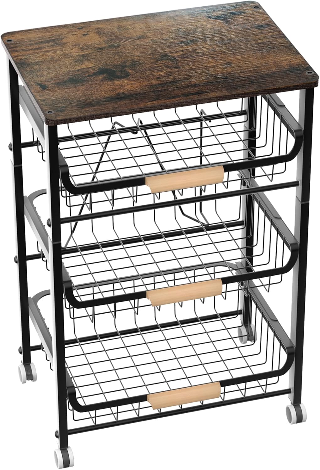 5-Layer Fruit Basket Kitchen Food Organizer and Rack, Stackable Storage Cart with Desktop, Pull-Out Hollow Metal Basket, Wheeled Sorting Rack Spice Rack, Black