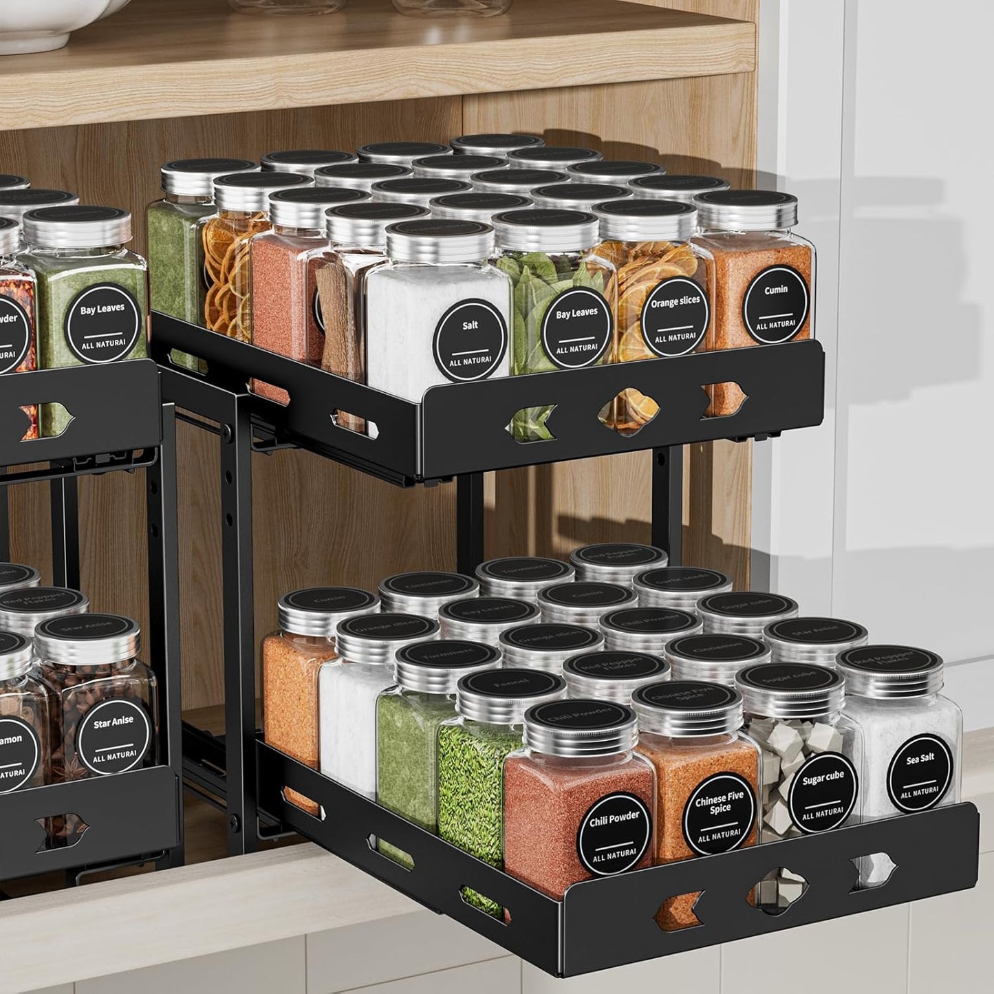 Spice Organization for Cabinet, 2-Tier Cabinet Spice Rack, Height Adjustable Vertical Spice Rack Pull Out for Kitchen, Cabinet, Pantry (14.1''Wx10.8''Dx9.2''H, Metal Black)