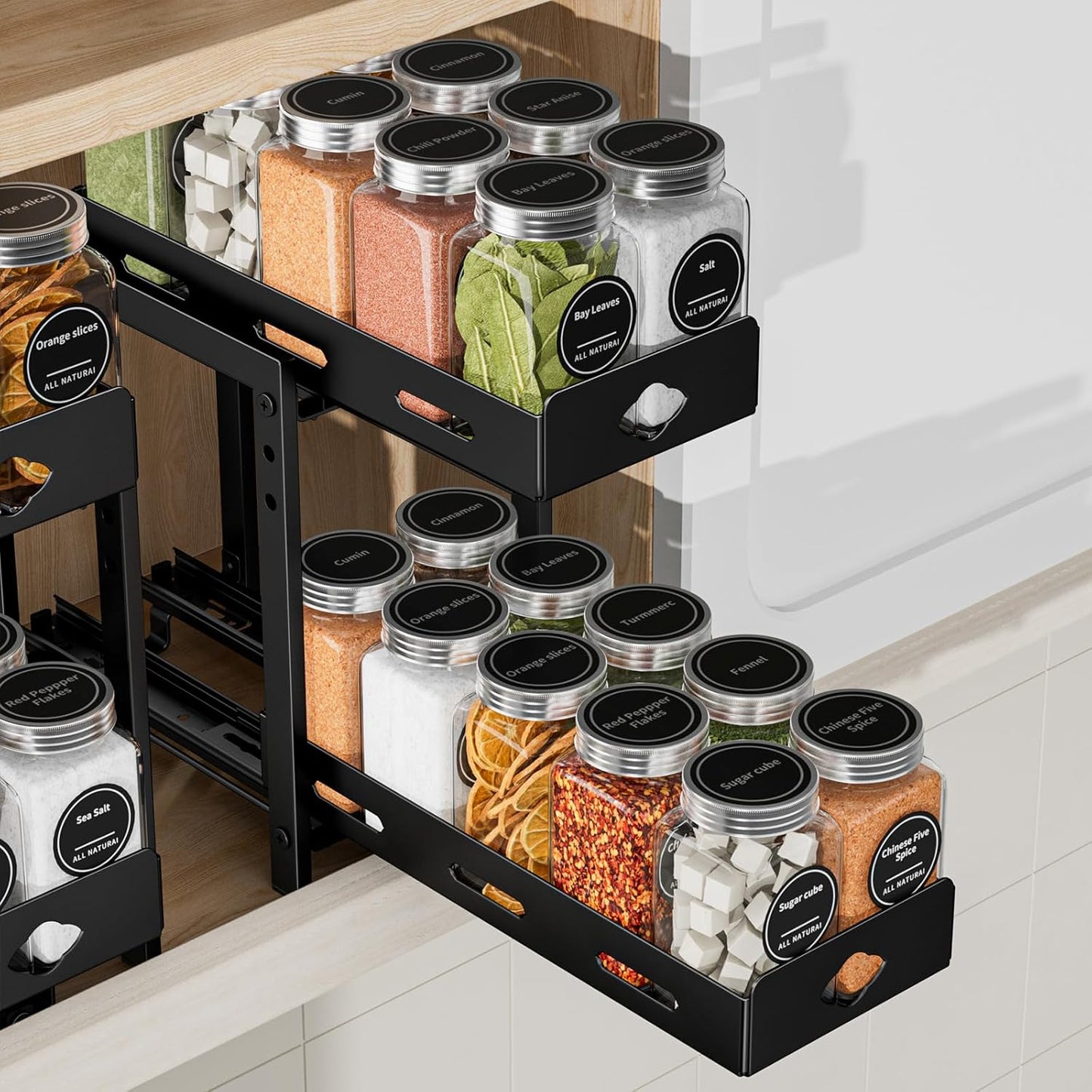 Spice Organization for Cabinet, 2-Tier Cabinet Spice Rack, Height Adjustable Vertical Spice Rack Pull Out for Kitchen, Cabinet, Pantry (14.1''Wx10.8''Dx9.2''H, Metal Black)