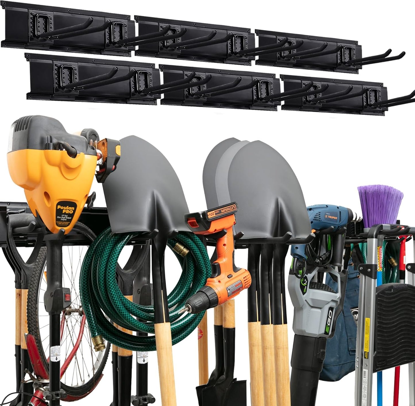 Garage Tool Organizer Wall Mount - 48 inches - Sturdy Storage Rack with Adjustable Hooks, Anti-Rust - Easy Installation, 300lbs Capacity - Garden Tool Organizer (03 Racks & 06 Hooks)