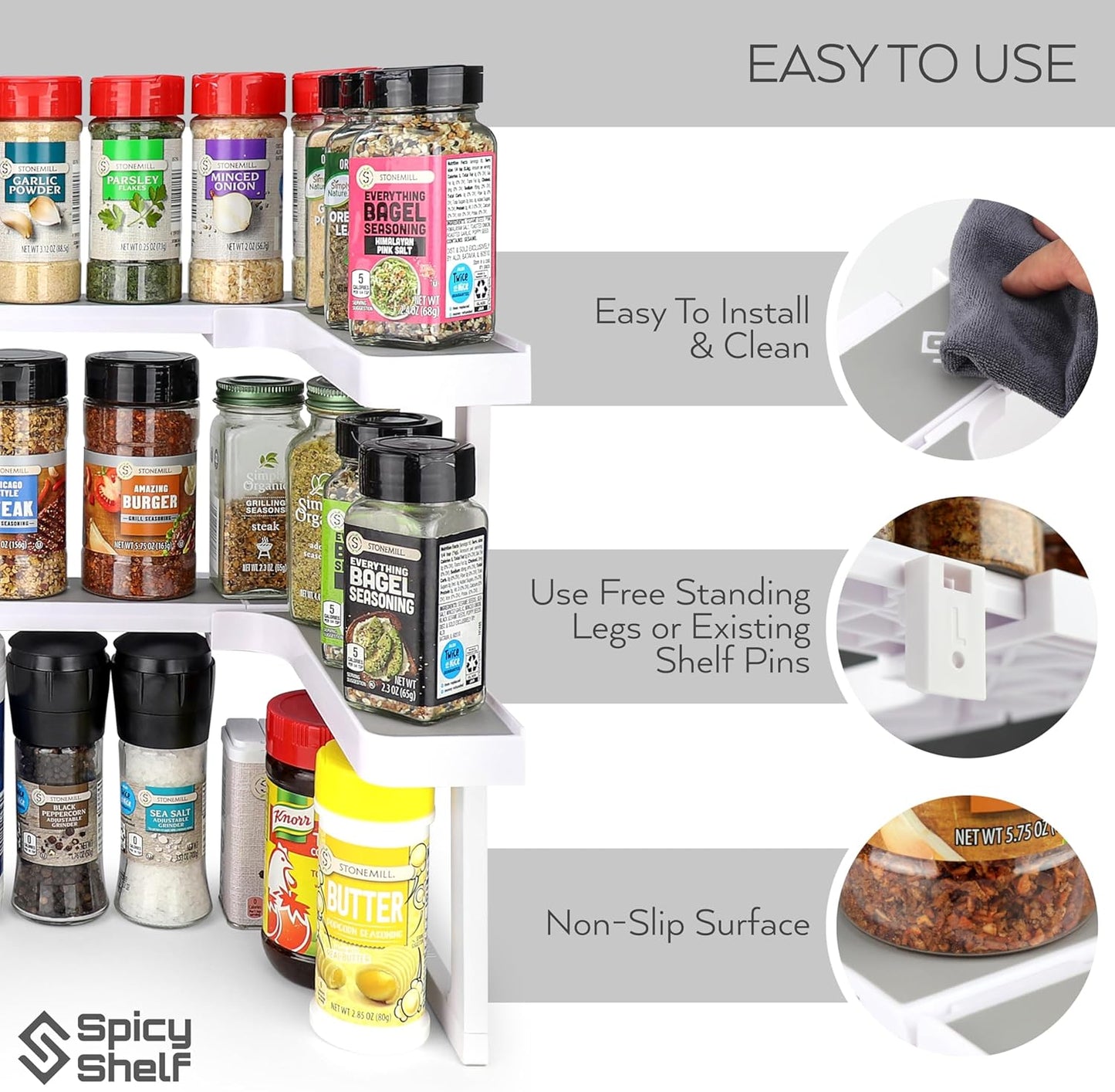 Spicy Shelf 3.0 - Expandable 2 Tiered Spice Rack Organizer for Cabinet & Pantry - Kitchen Seasoning Organizer - Cabinet Spice Racks for Inside Cabinets (Spicy Shelf Premium) - Home Organization