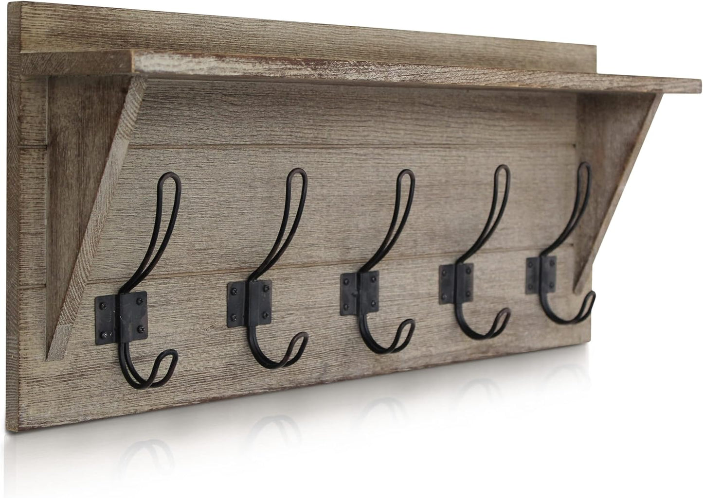 HBCY Creations 24" Wall Mounted Storage Rack - Pine Wood Construction - Black Wash - Upper Storage Shelf - 5 Hooks - Ideal for Entryway, Kitchen, Bathroom
