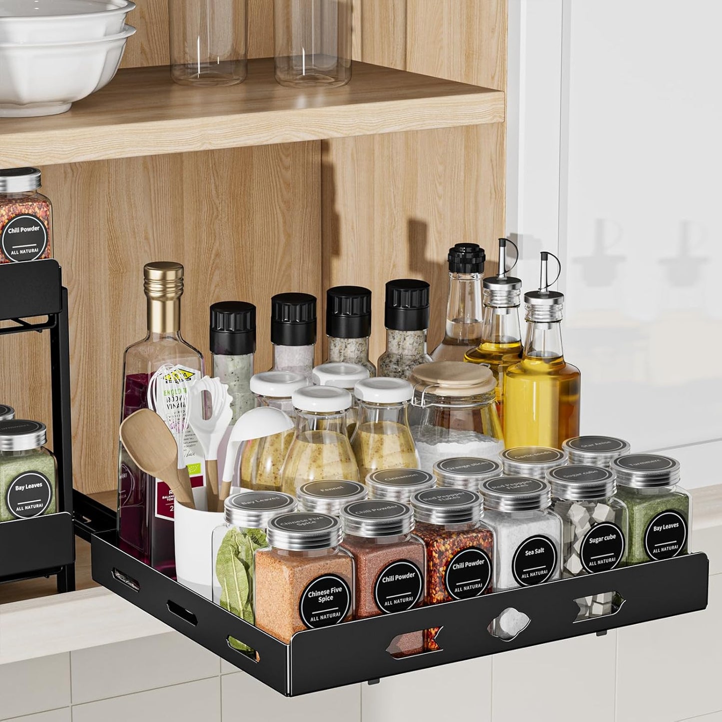 Spice Organization for Cabinet, 2-Tier Cabinet Spice Rack, Height Adjustable Vertical Spice Rack Pull Out for Kitchen, Cabinet, Pantry (14.1''Wx10.8''Dx9.2''H, Metal Black)