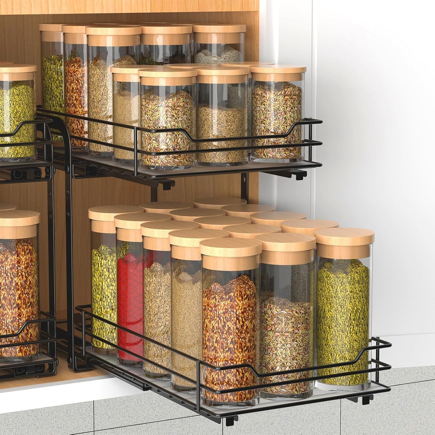 Spice Rack Organizer for Cabinet, 2 Tier Pull Out Spice Organizer for Cabinet Height Adjustable Heavy Duty Metal Basket for Inside Cabinets & Pantry Closet